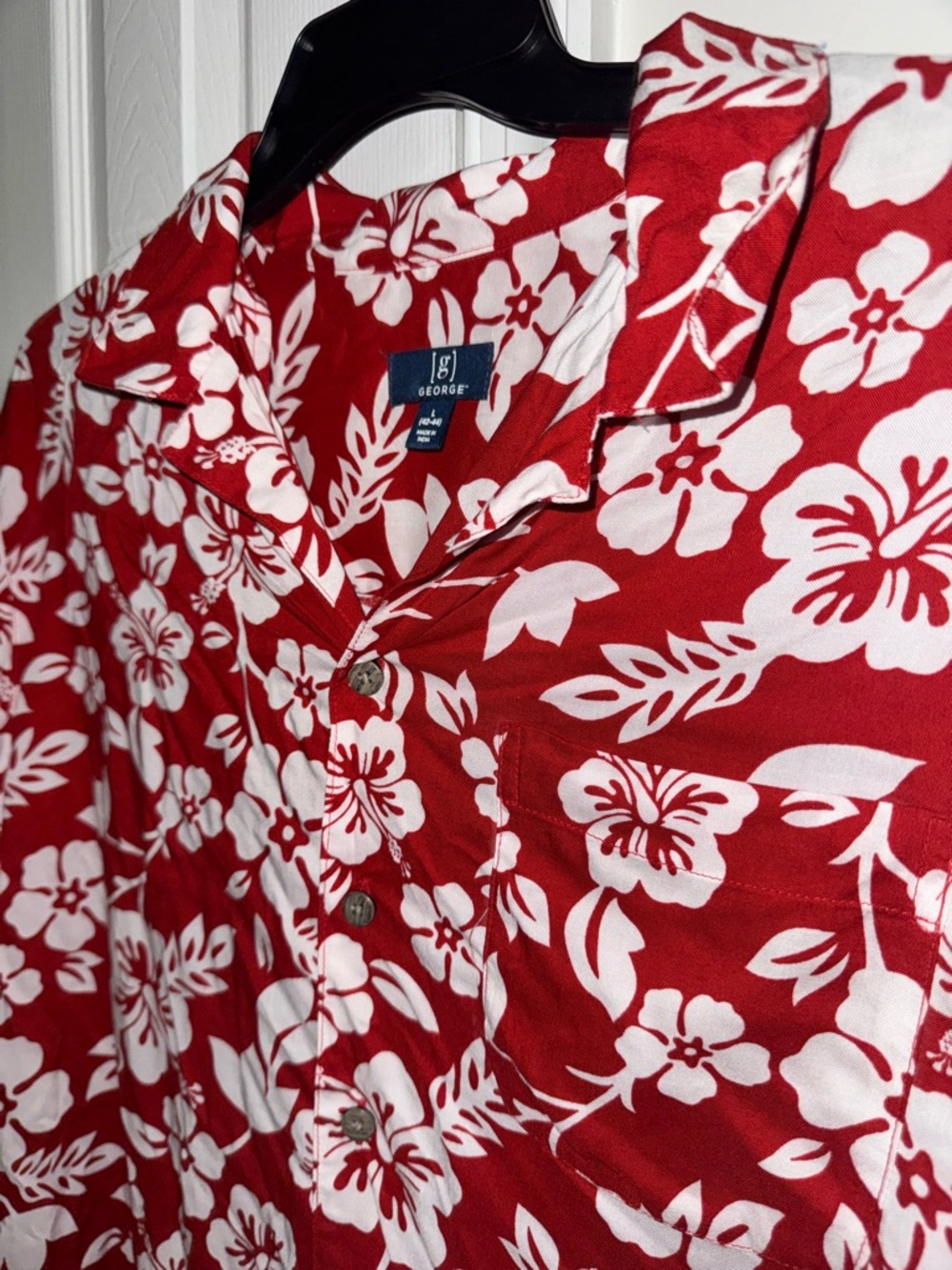 George Men’s Hawaiian Shirt L NWT Red White Hibiscus Floral Rayon Aloha Camp Top - Picture 4 of 11